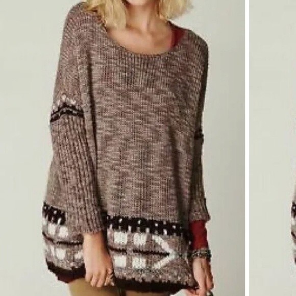 Free People Brown Oversized Slouchy Mohair Wool Fair Isle Sweater Size Small - Picture 1 of 7